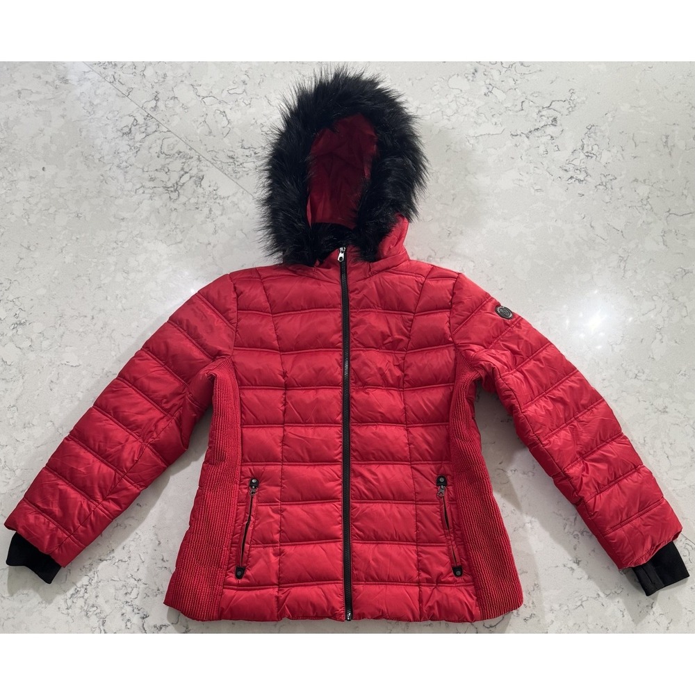 Nautica Faux Fur Trim Hooded Midweight Puffer Jacket Womens 2XL XXL Red